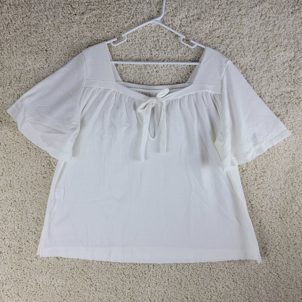 White Waffle Knit Medium Square Neck Flutter Sleeve Tie Front Top